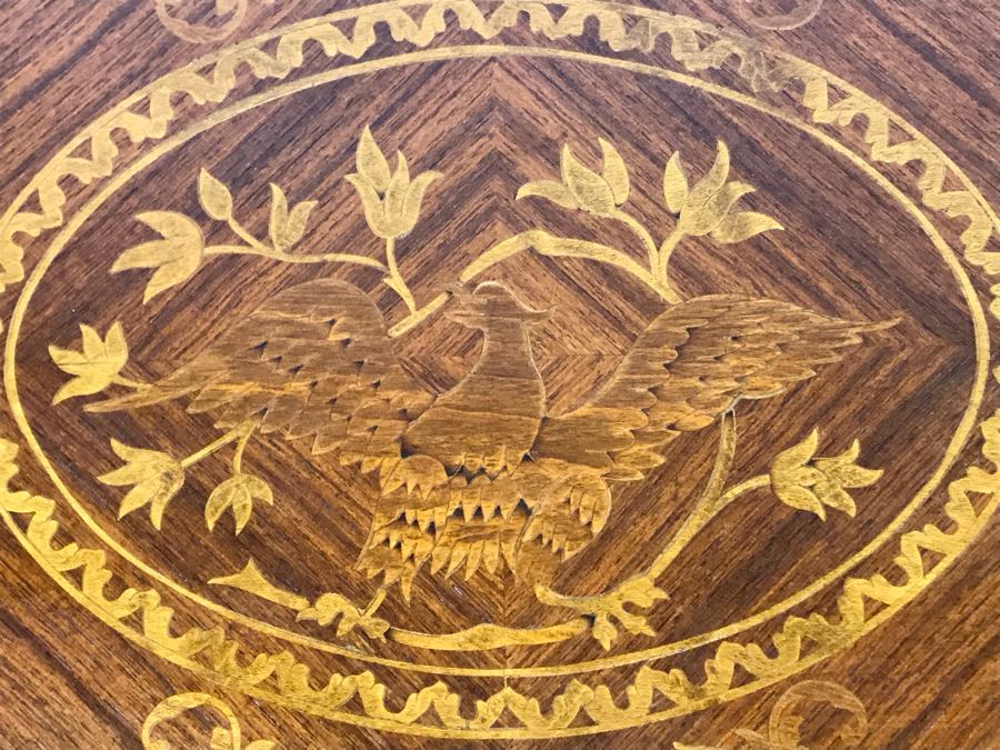 Gorgeous Antique Art Nouveau European Chest Of Drawers Dresser With Detailed Inlaid Woodwork On Front, Top And Sides Including Eagle On Top - Comes With Glass Top - See Photos 49W X 20D X 34.5H - LJE [Photo 8]