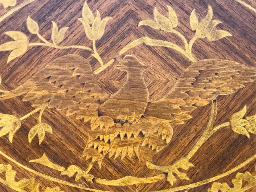 Gorgeous Antique Art Nouveau European Chest Of Drawers Dresser With Detailed Inlaid Woodwork On Front, Top And Sides Including Eagle On Top - Comes With Glass Top - See Photos 49W X 20D X 34.5H - LJE [Photo 9]