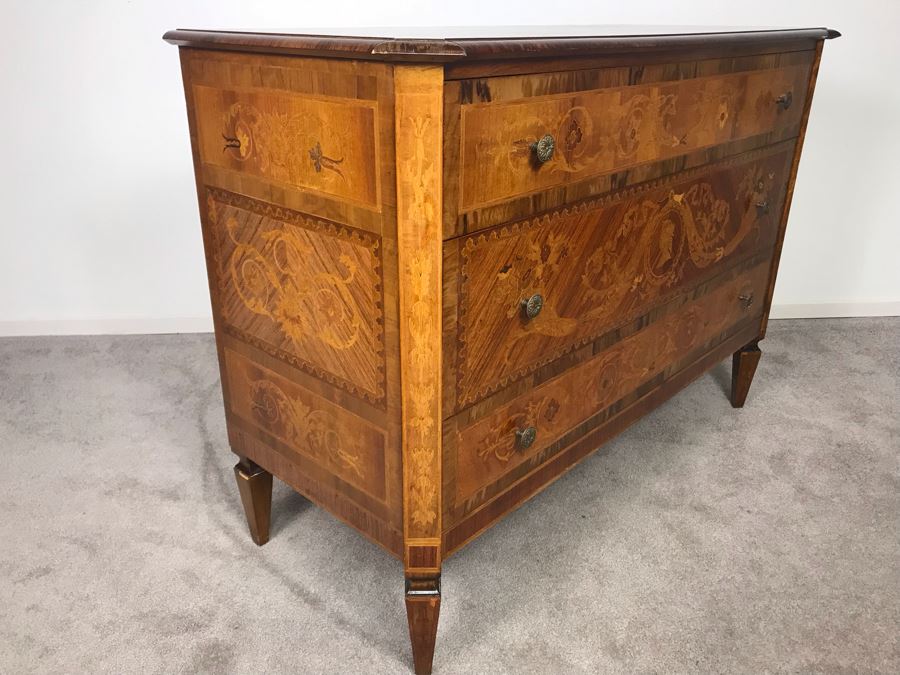 Gorgeous Antique Art Nouveau European Chest Of Drawers Dresser With Detailed Inlaid Woodwork On Front, Top And Sides Including Eagle On Top - Comes With Glass Top - See Photos 49W X 20D X 34.5H - LJE [Photo 20]