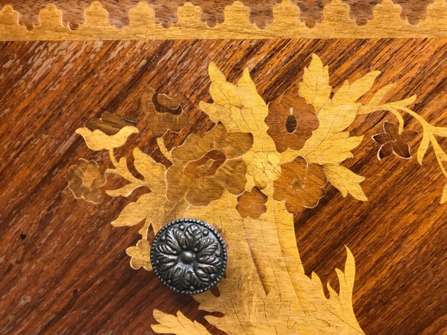 Gorgeous Antique Art Nouveau European Chest Of Drawers Dresser With Detailed Inlaid Woodwork On Front, Top And Sides Including Eagle On Top - Comes With Glass Top - See Photos 49W X 20D X 34.5H - LJE [Photo 13]