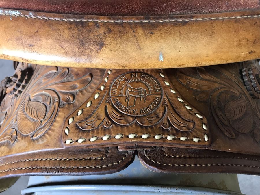 Vintage William N Porter Phoenix, Arizona Tooled Leather Western Riding Horse Saddle With Metal Display Stand - World's Finest Made Saddles - Retails $4,000 - La Jolla Estate (LJE) [Photo 9]