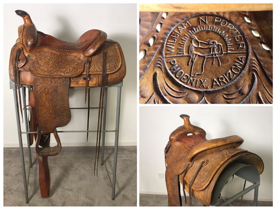 Vintage William N Porter Phoenix, Arizona Tooled Leather Western Riding Horse Saddle With Metal Display Stand - World's Finest Made Saddles - Retails $4,000 - La Jolla Estate (LJE)
