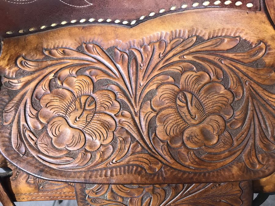 Vintage William N Porter Phoenix, Arizona Tooled Leather Western Riding Horse Saddle With Metal Display Stand - World's Finest Made Saddles - Retails $4,000 - La Jolla Estate (LJE) [Photo 18]