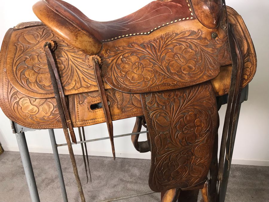 Vintage William N Porter Phoenix, Arizona Tooled Leather Western Riding Horse Saddle With Metal Display Stand - World's Finest Made Saddles - Retails $4,000 - La Jolla Estate (LJE) [Photo 17]