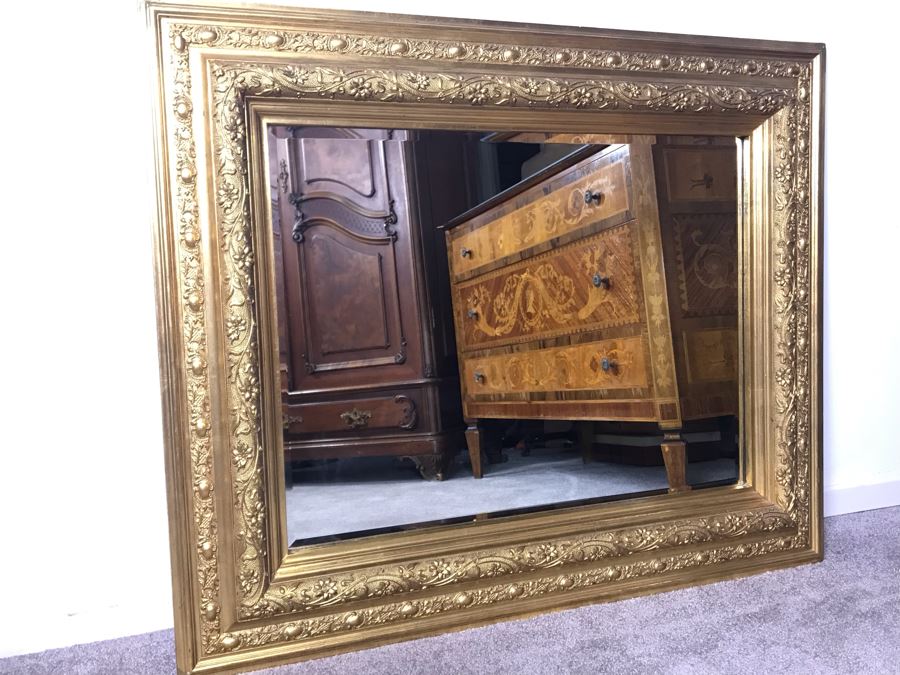Stunning Art Nouveau Gilded Wood Beveled Glass Mirror 39W X 32H - LJE [Photo 3]