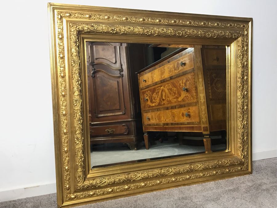 Stunning Art Nouveau Gilded Wood Beveled Glass Mirror 39W X 32H - LJE [Photo 6]