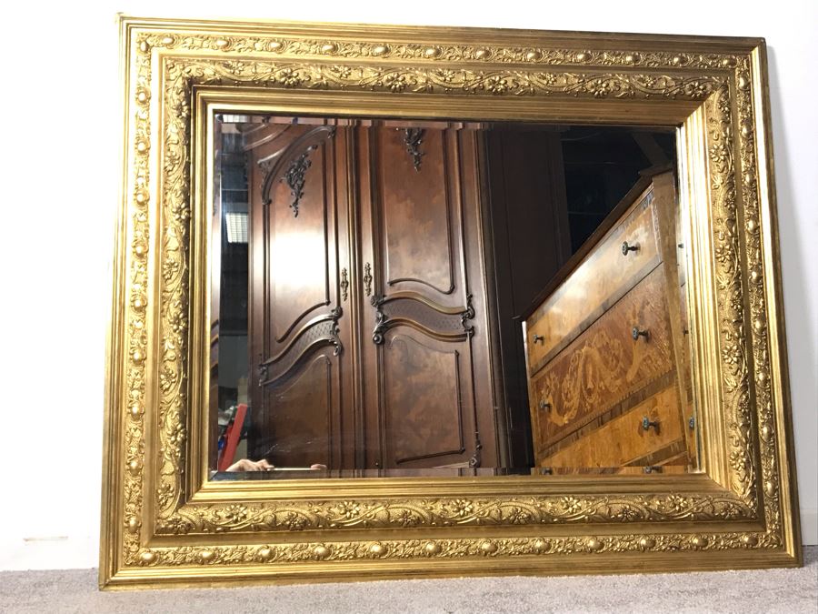 Stunning Art Nouveau Gilded Wood Beveled Glass Mirror 39W X 32H - LJE [Photo 9]
