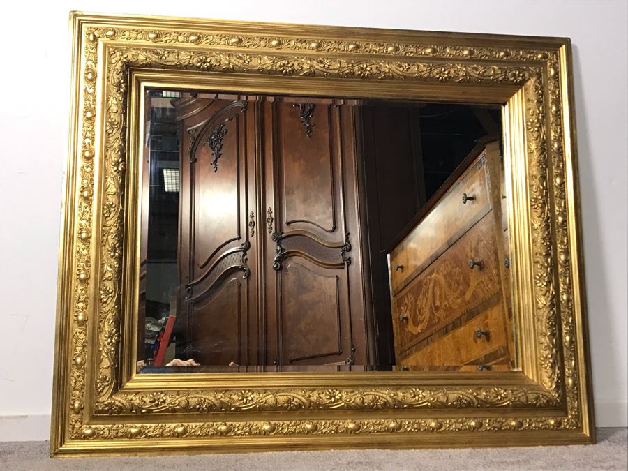 Stunning Art Nouveau Gilded Wood Beveled Glass Mirror 39W X 32H - LJE [Photo 8]