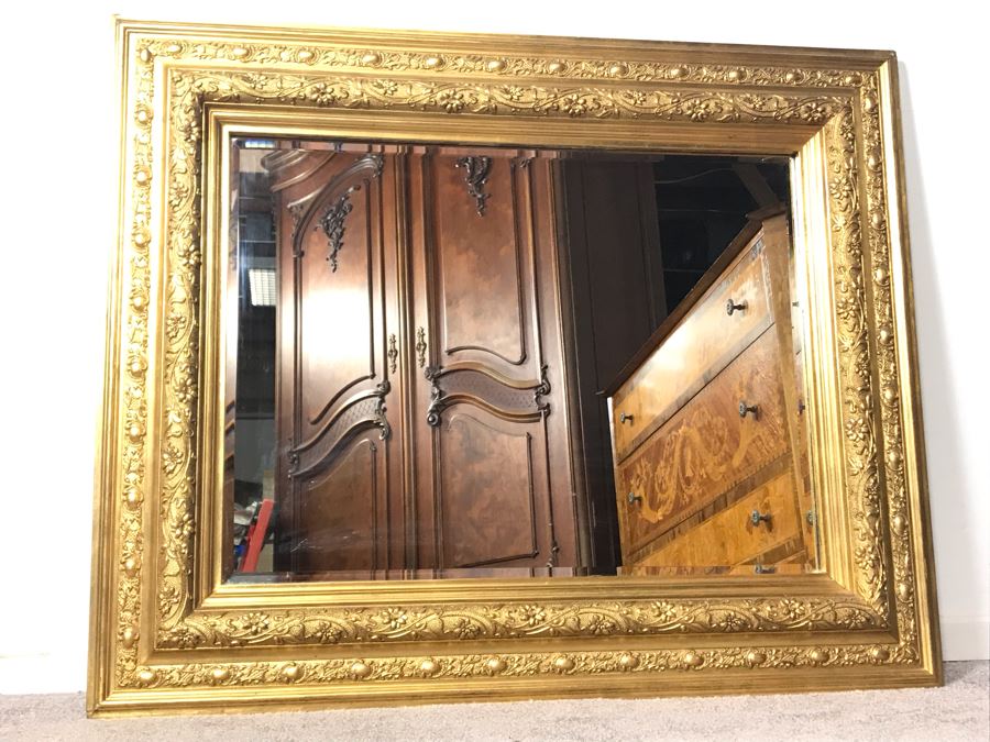 Stunning Art Nouveau Gilded Wood Beveled Glass Mirror 39W X 32H - LJE