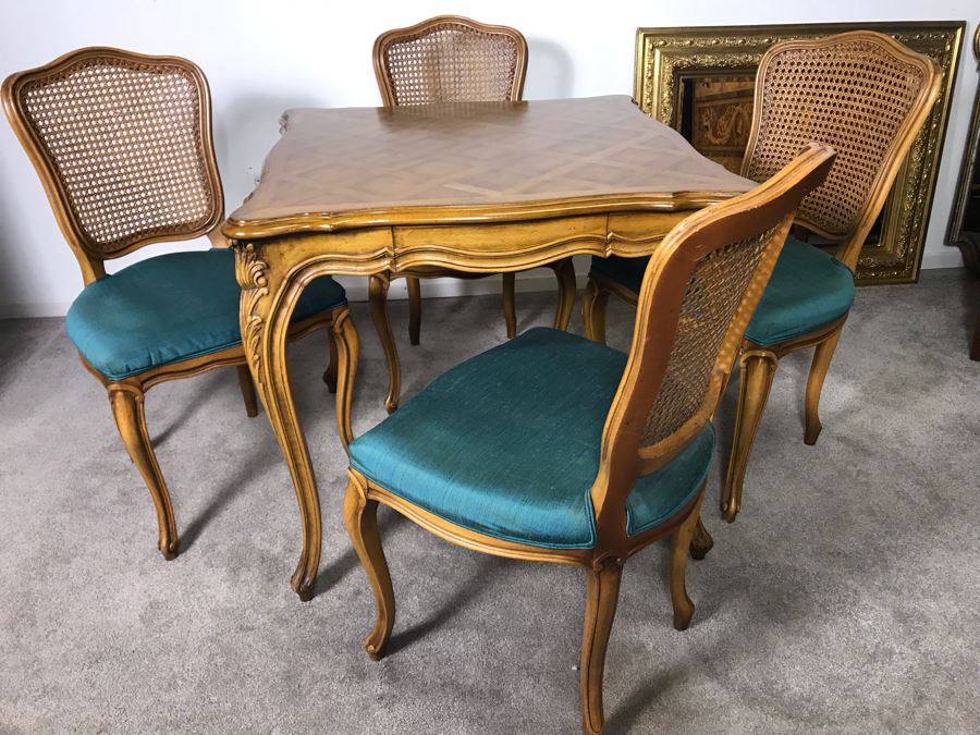 Karges Furniture Marquetry Table With Drawer And (4) Cane Back Chairs (Seat Cushions Need Reupholstering) - LJE [Photo 4]