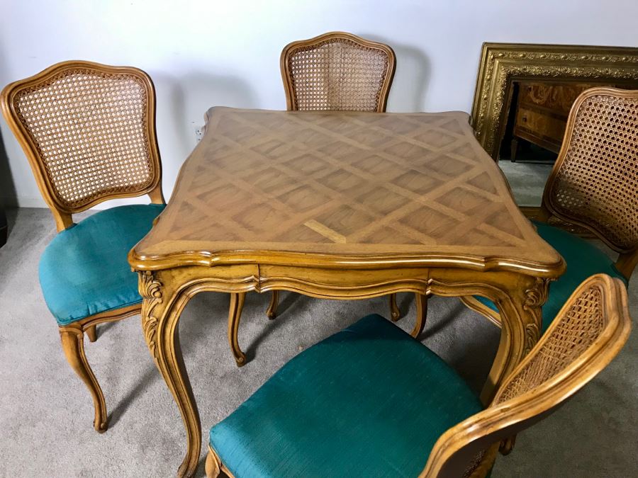 Karges Furniture Marquetry Table With Drawer And (4) Cane Back Chairs (Seat Cushions Need Reupholstering) - LJE [Photo 1]