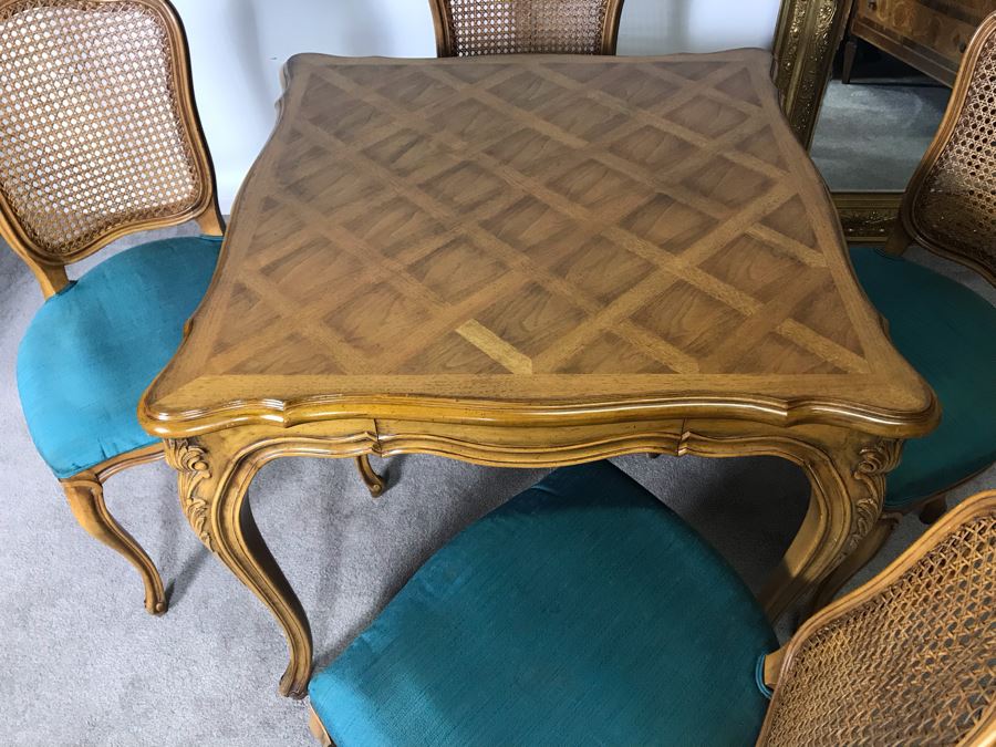 Karges Furniture Marquetry Table With Drawer And (4) Cane Back Chairs (Seat Cushions Need Reupholstering) - LJE [Photo 6]