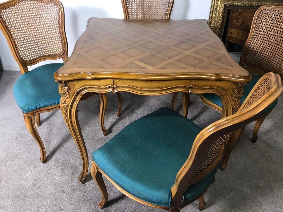 Karges Furniture Marquetry Table With Drawer And (4) Cane Back Chairs (Seat Cushions Need Reupholstering) - LJE [Photo 7]