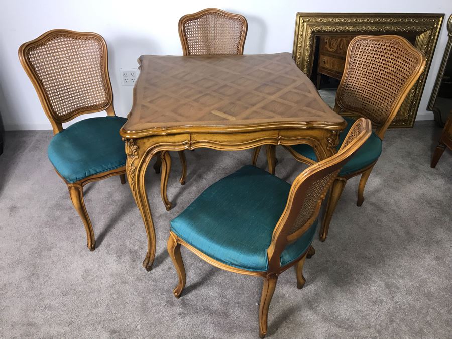Karges Furniture Marquetry Table With Drawer And (4) Cane Back Chairs (Seat Cushions Need Reupholstering) - LJE [Photo 5]