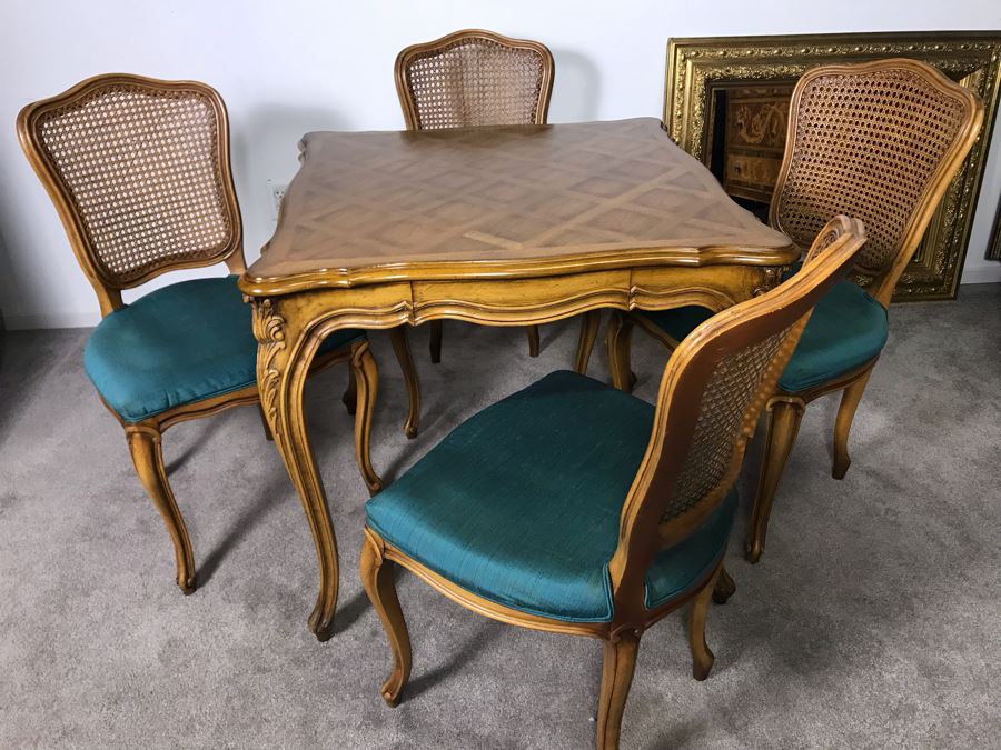 Karges Furniture Marquetry Table With Drawer And (4) Cane Back Chairs (Seat Cushions Need Reupholstering) - LJE [Photo 3]