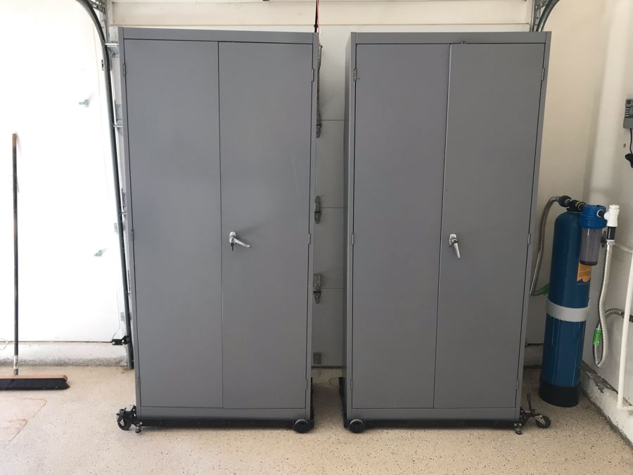 JUST ADDED - Pair Of Metal Cabinets With Attached Rolling Casters Each 36W X 18D X 79H - FRE [Photo 3]