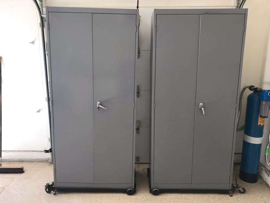 JUST ADDED - Pair Of Metal Cabinets With Attached Rolling Casters Each 36W X 18D X 79H - FRE [Photo 1]