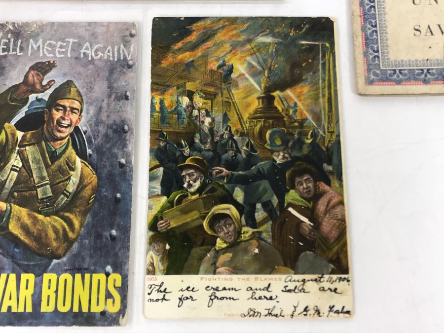 JUST ADDED - Vintage Postmarked Postcards Railroad, Fire, War Bonds And United States Defense Savings Bonds Books With Stamps [Photo 2]