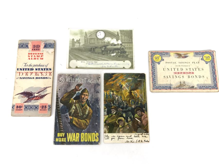 JUST ADDED - Vintage Postmarked Postcards Railroad, Fire, War Bonds And United States Defense Savings Bonds Books With Stamps [Photo 1]