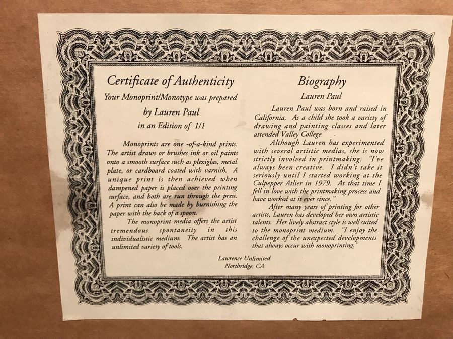 JUST ADDED - Lauren Paul Monoprint/Monotype Titled 'Ancient Times II' Edition 1 Of 1 - Large 43 X 55 - FRE [Photo 13]