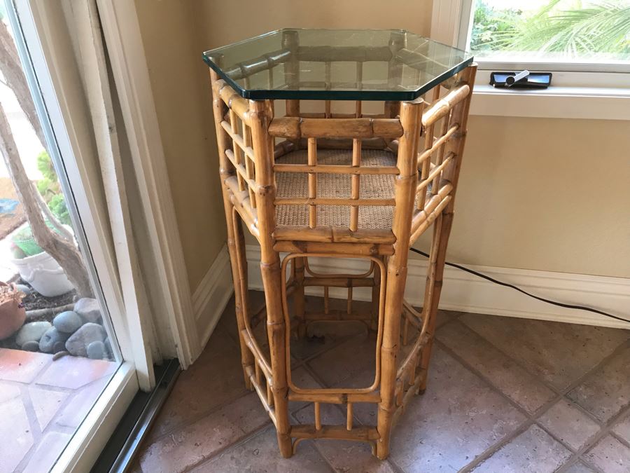 JUST ADDED - Vintage Bamboo Side Table With Glass Top - FRE [Photo 2]