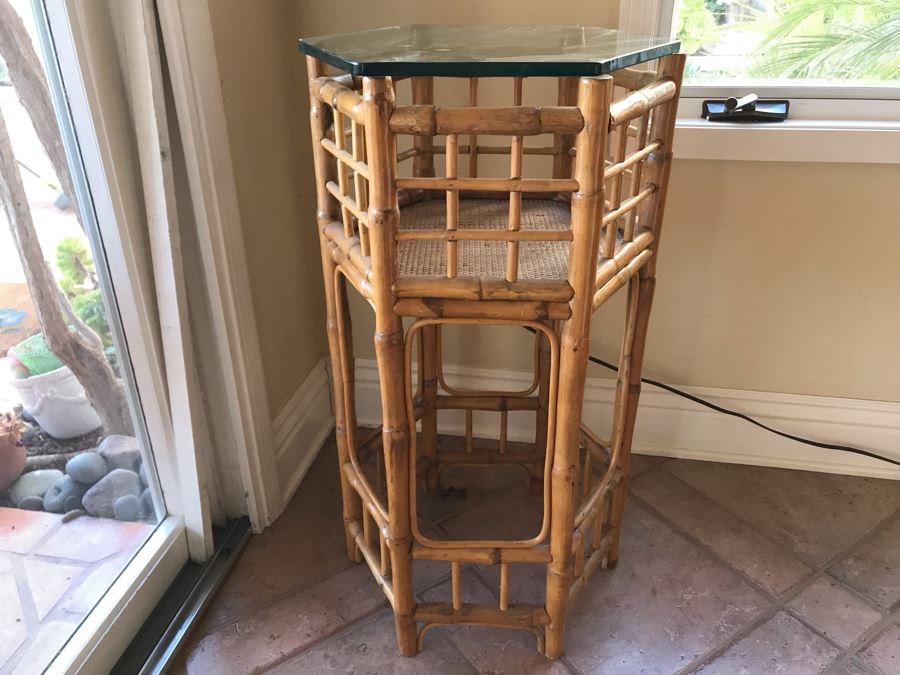 JUST ADDED - Vintage Bamboo Side Table With Glass Top - FRE