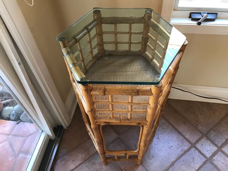 JUST ADDED - Vintage Bamboo Side Table With Glass Top - FRE [Photo 3]