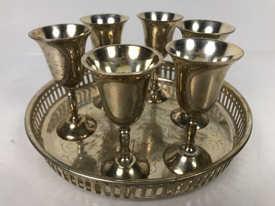 JUST ADDED - Silverplate Tray And (6) Footed Silverplate Stemware Glasses - FRE