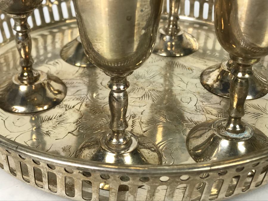 JUST ADDED - Silverplate Tray And (6) Footed Silverplate Stemware Glasses - FRE [Photo 4]