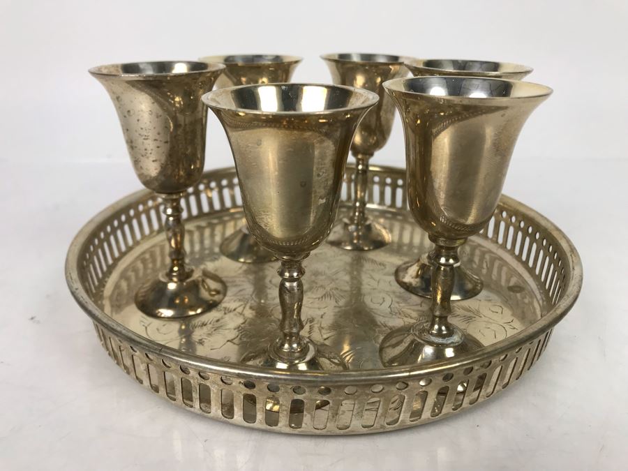 JUST ADDED - Silverplate Tray And (6) Footed Silverplate Stemware Glasses - FRE [Photo 2]