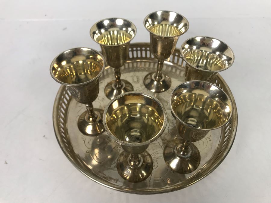JUST ADDED - Silverplate Tray And (6) Footed Silverplate Stemware Glasses - FRE [Photo 3]