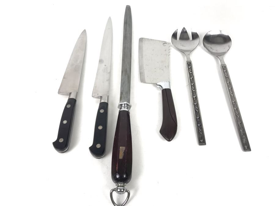 JUST ADDED - (2) Sabatier French Hoffritz Knives, Knife Blade Sharpener, Ginsu Knife And Oneida Stainless Japan Salad Serving Set - FRE