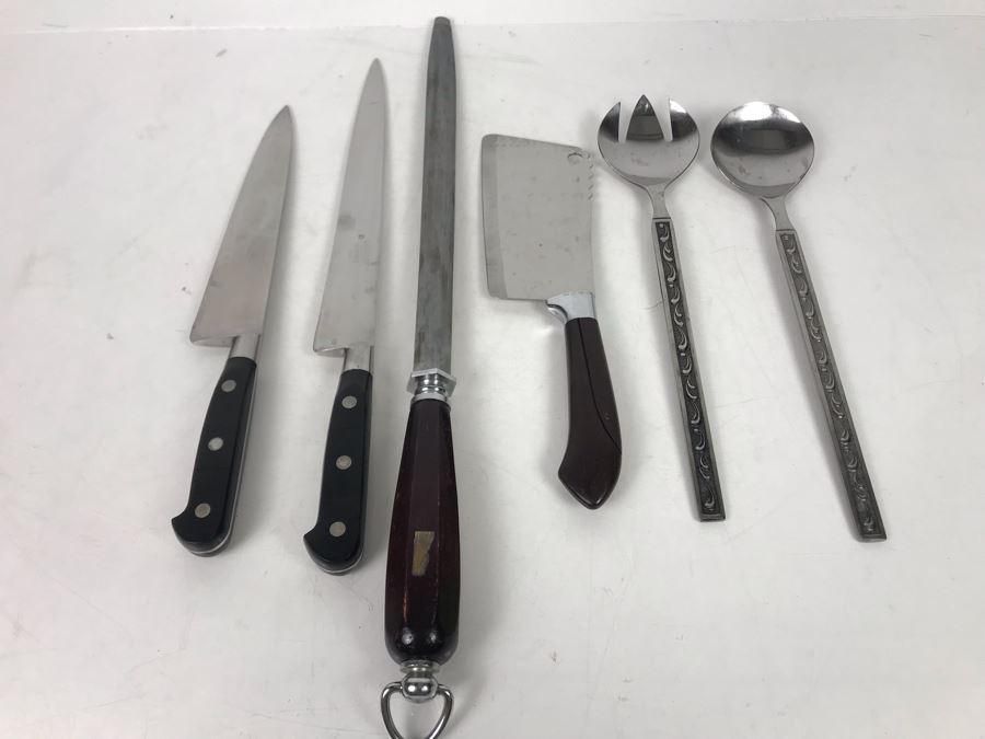 JUST ADDED - (2) Sabatier French Hoffritz Knives, Knife Blade Sharpener, Ginsu Knife And Oneida Stainless Japan Salad Serving Set - FRE [Photo 2]