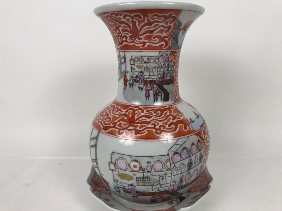 JUST ADDED - Vintage Japanese Blank Earthen Body Vase And Plate Hand Painted In Hong Kong 11H - FRE [Photo 6]