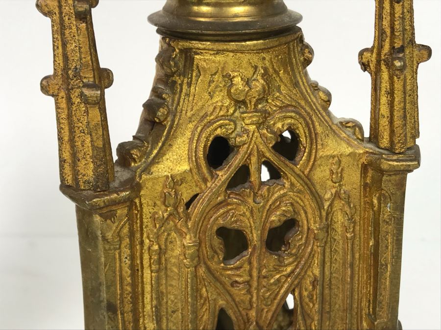JUST ADDED - Pair Of Antique Gilded Metal Candlesticks 15H - FRE [Photo 4]