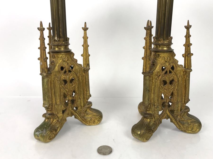 JUST ADDED - Pair Of Antique Gilded Metal Candlesticks 15H - FRE [Photo 2]