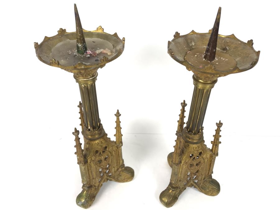 JUST ADDED - Pair Of Antique Gilded Metal Candlesticks 15H - FRE [Photo 8]