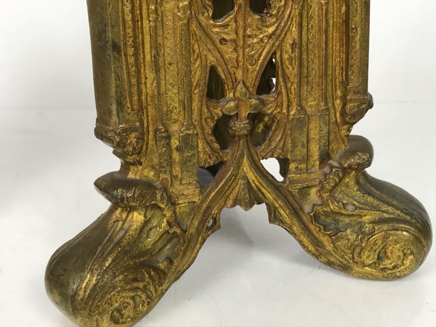 JUST ADDED - Pair Of Antique Gilded Metal Candlesticks 15H - FRE [Photo 5]