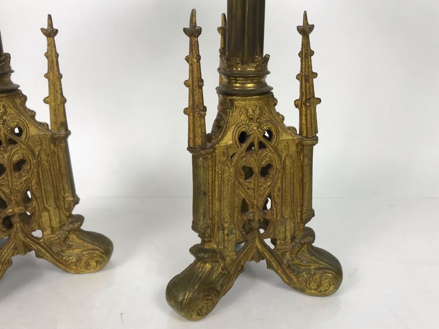 JUST ADDED - Pair Of Antique Gilded Metal Candlesticks 15H - FRE [Photo 3]