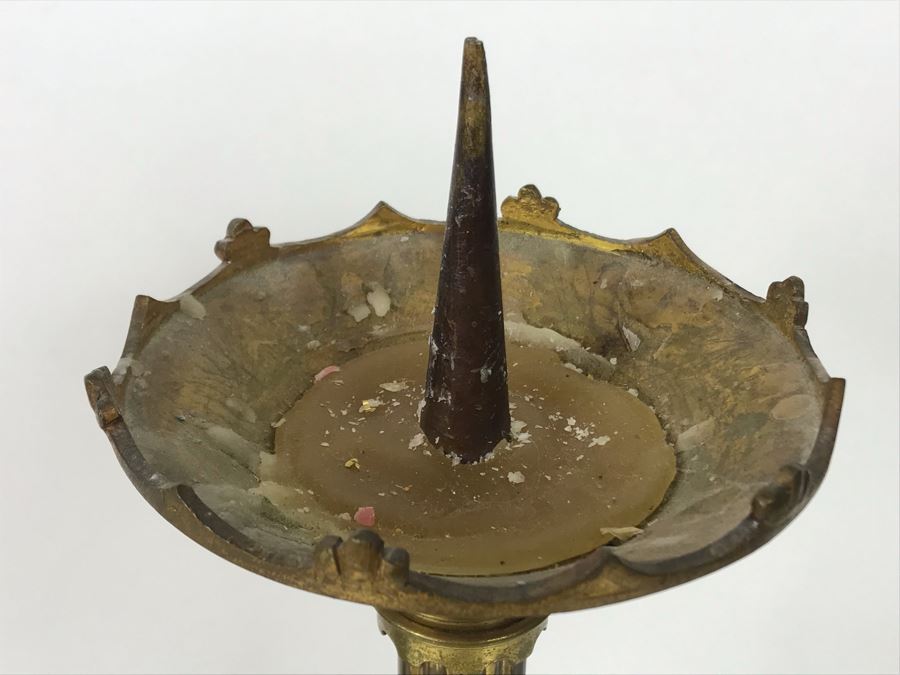 JUST ADDED - Pair Of Antique Gilded Metal Candlesticks 15H - FRE [Photo 7]