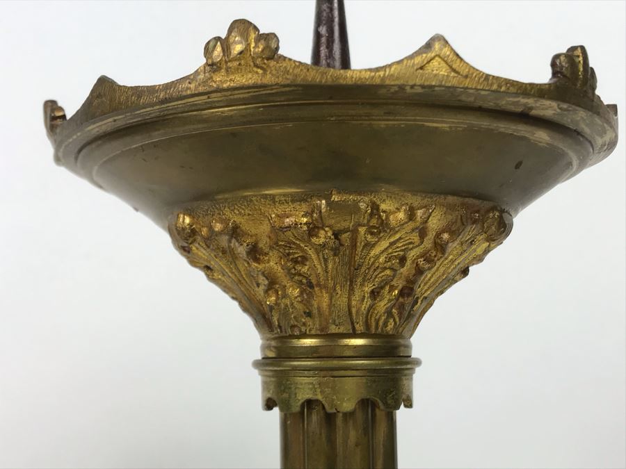 JUST ADDED - Pair Of Antique Gilded Metal Candlesticks 15H - FRE [Photo 6]