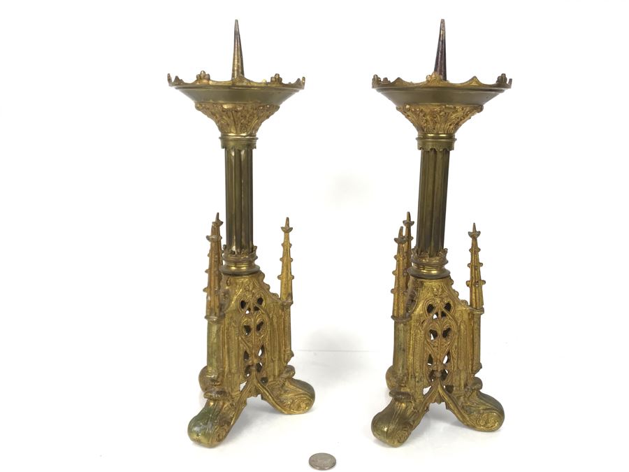 JUST ADDED - Pair Of Antique Gilded Metal Candlesticks 15H - FRE