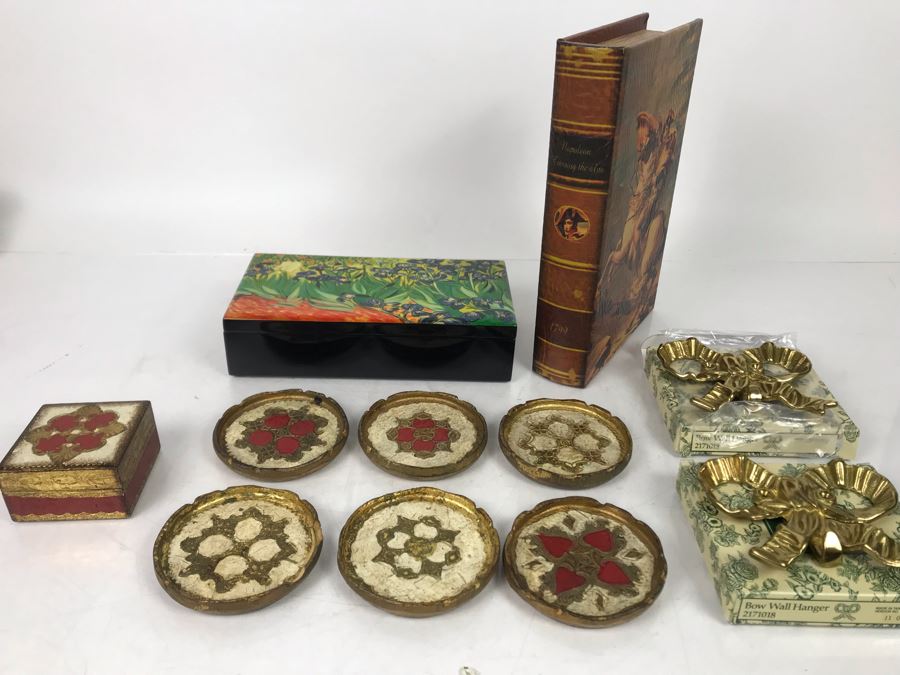 JUST ADDED - Faux Book Safe, Brass Wall Bow Wall Hangers, Vietnamese Box Homage To Van Gogh And Florence Italy Box And Drink Coasters - FRE [Photo 2]