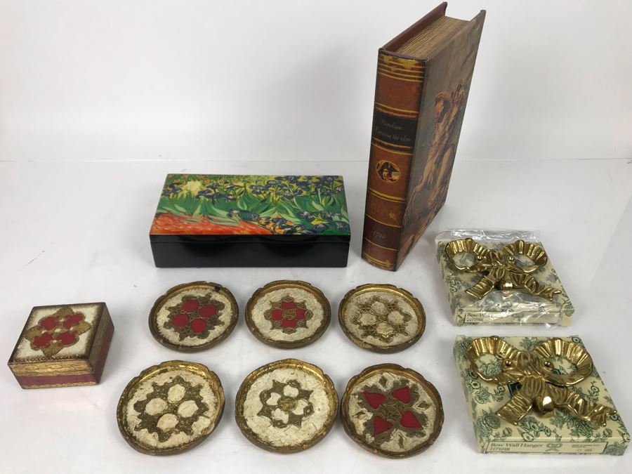 JUST ADDED - Faux Book Safe, Brass Wall Bow Wall Hangers, Vietnamese Box Homage To Van Gogh And Florence Italy Box And Drink Coasters - FRE [Photo 1]