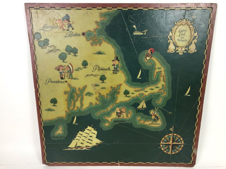 JUST ADDED - Hand Painted Vintage Map Of Cape Cod & Vicinity On Board 23 X 23 [Photo 1]