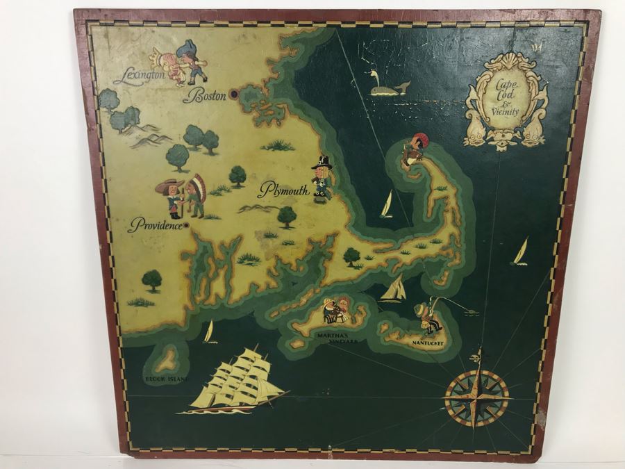 JUST ADDED - Hand Painted Vintage Map Of Cape Cod & Vicinity On Board 23 X 23 [Photo 2]