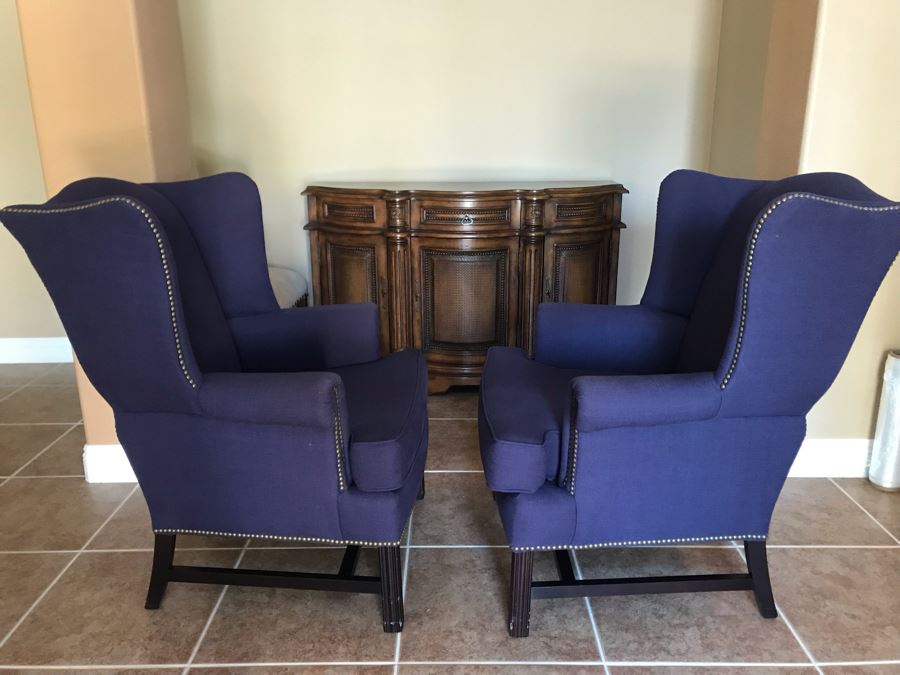 LAST MINUTE ADD - Pair Of Pottery Barn Blue Wingback Chairs With Brass Nailheads - Carlsbad Estate (CE) [Photo 6]