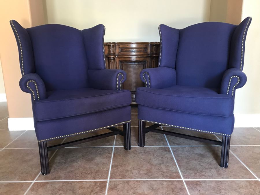 LAST MINUTE ADD - Pair Of Pottery Barn Blue Wingback Chairs With Brass Nailheads - Carlsbad Estate (CE) [Photo 3]
