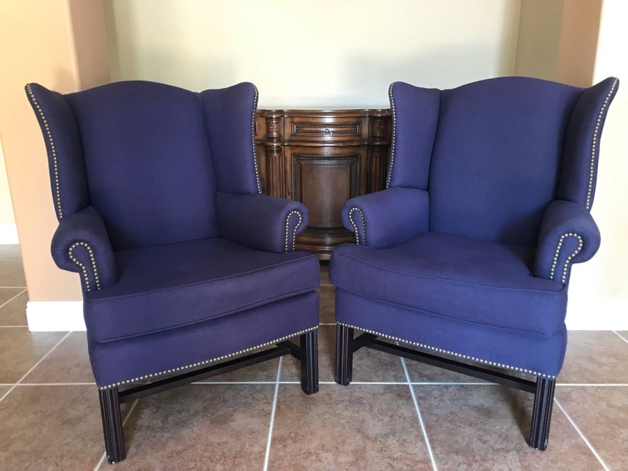 LAST MINUTE ADD - Pair Of Pottery Barn Blue Wingback Chairs With Brass Nailheads - Carlsbad Estate (CE) [Photo 4]