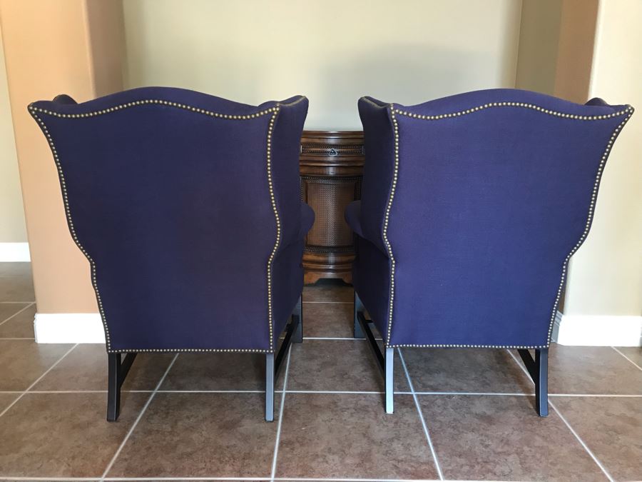 LAST MINUTE ADD - Pair Of Pottery Barn Blue Wingback Chairs With Brass Nailheads - Carlsbad Estate (CE) [Photo 7]